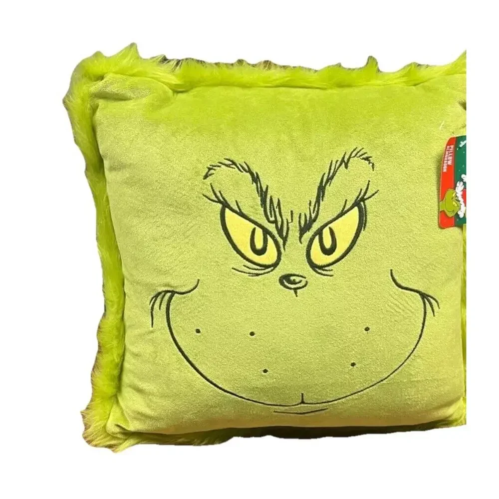 Dr Seuss The Grinch Green Faux Fur Grinch Face Pillow 16inx16in Polyester New